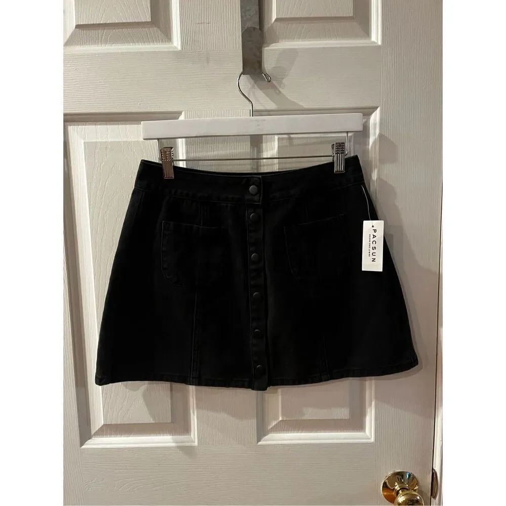 Melville Black Denim Snap Front A-Line Mini Skirt Sz 29 NWT